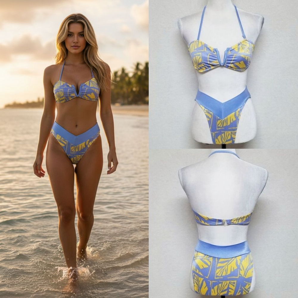 Seaweed of California Vintage 70s Multi-color Tropical Print Bandeau Bikini M